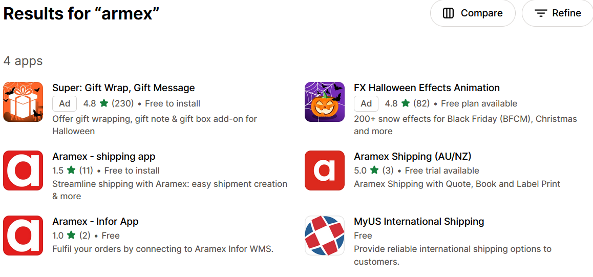 Screenshot with 6 apps. Super: Gift Wrap, Gift Message. FX Halloween Effects Animation. Aramex - shipping app. Aramex Shipping (AU/NZ). Aramex - Infor App. MyUS International Shipping. With descriptions and ratings